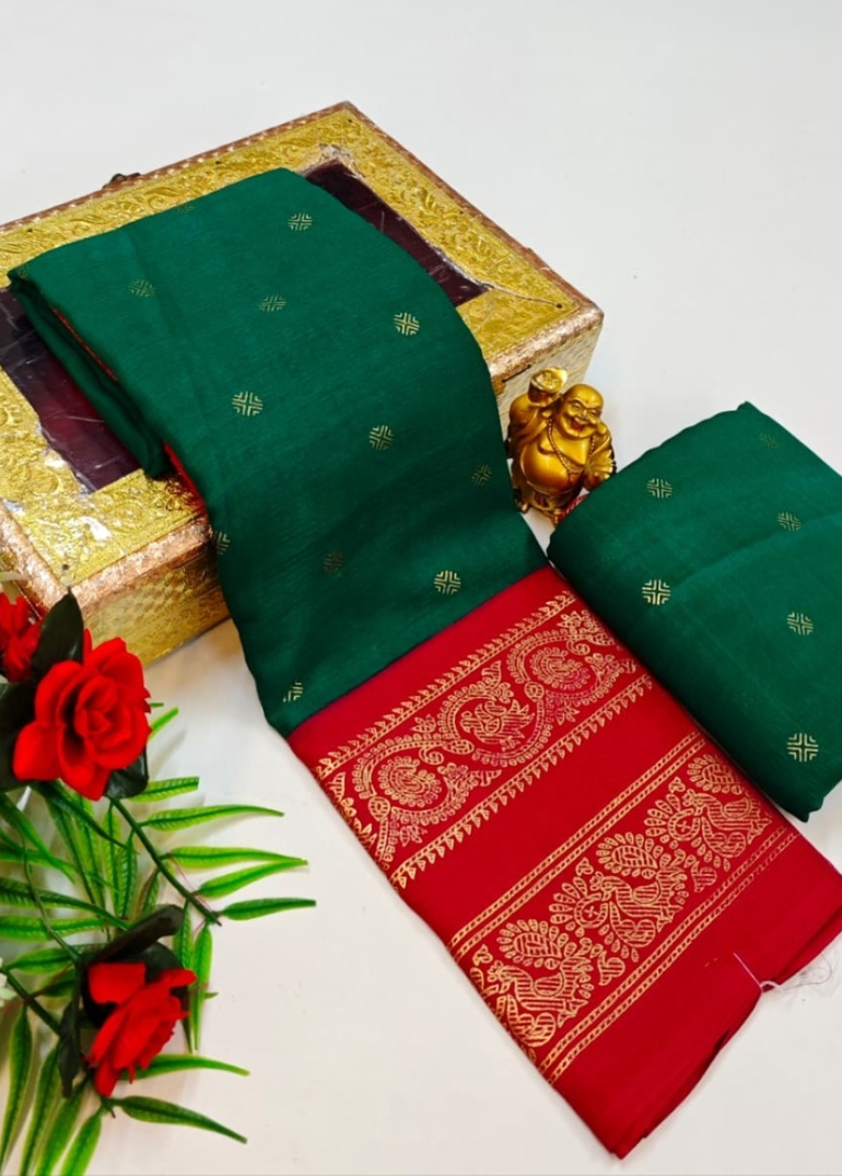 Designer party wear chiffon foil print saree - DARK GREEN