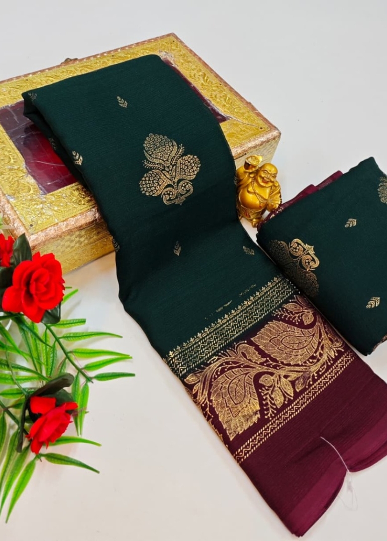 Designer party wear chiffon foil print saree - BOTTLE GREEN (2)