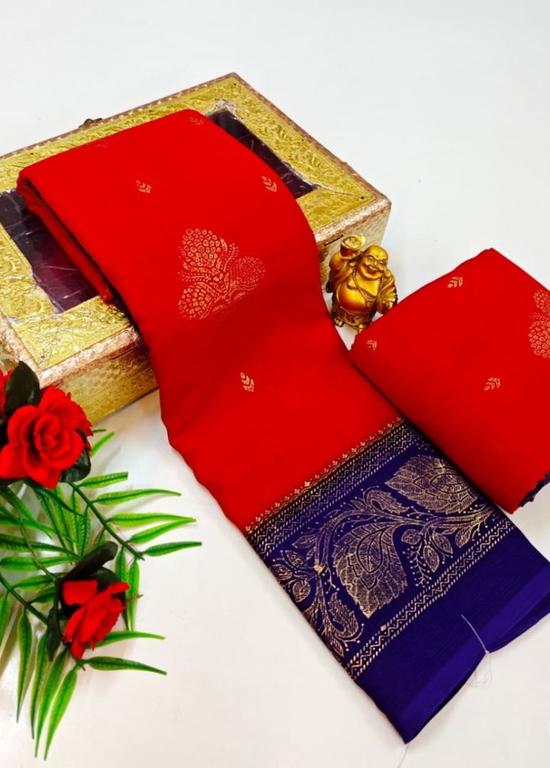 Designer party wear chiffon foil print saree - RED (6)