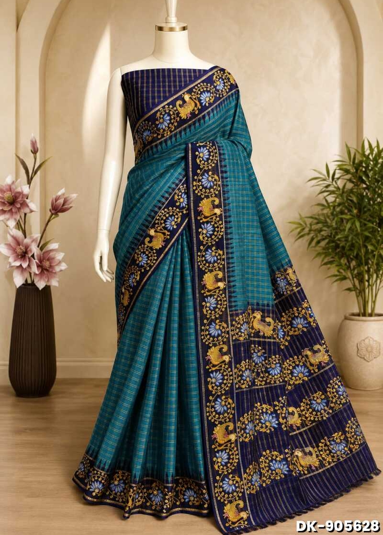 DIGITAL PRINTING DOLA SILK COTTON SAREES - BULE (1)
