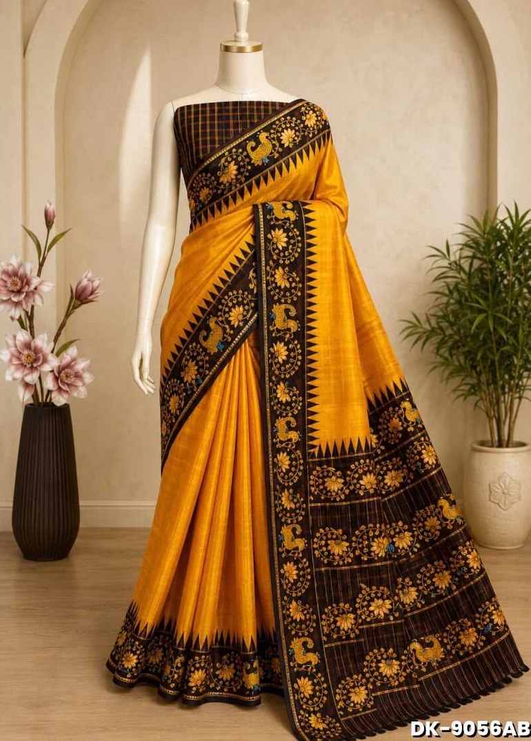 DIGITAL PRINTING DOLA SILK COTTON SAREES - GOLDEN