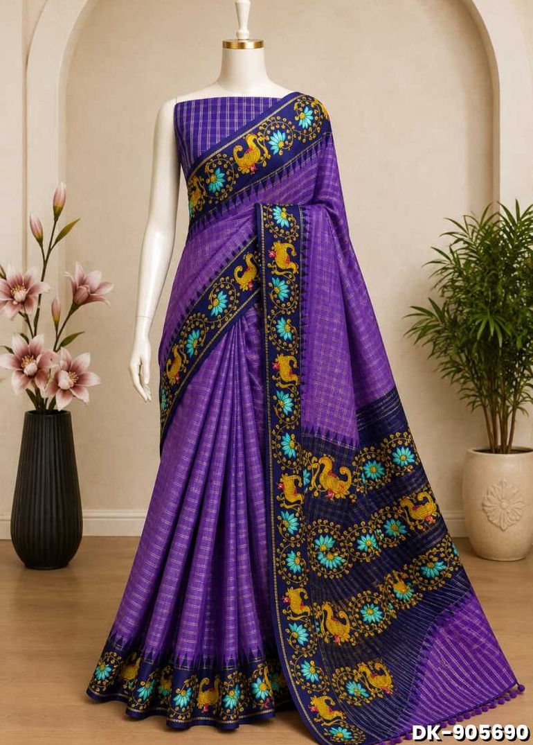 DIGITAL PRINTING DOLA SILK COTTON SAREES - BRINJAL COLOUR