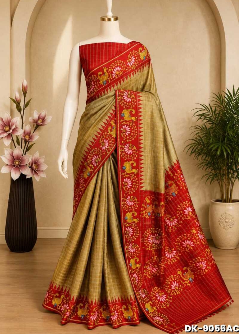 DIGITAL PRINTING DOLA SILK COTTON SAREES - LIGHT GOLD