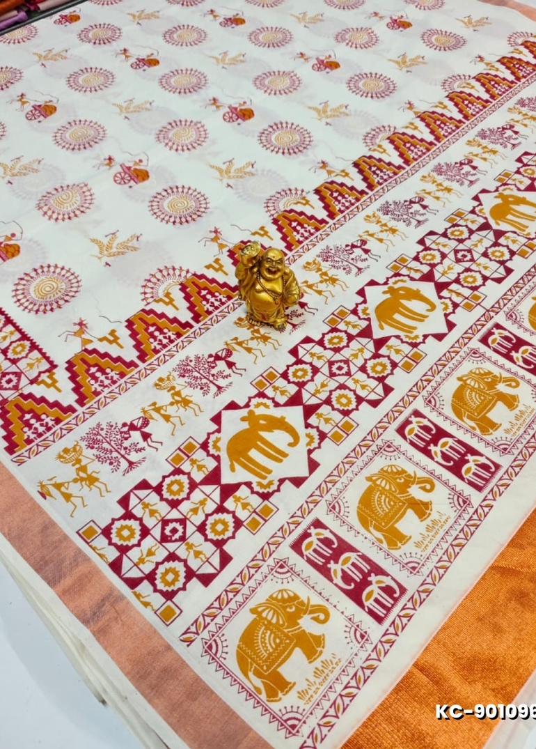 TRENDING KERALA SPECIAL FULL WORK EMBOSSED DIGITAL PRINTING  SAREE COLLECTIONS - WHITE N (1)