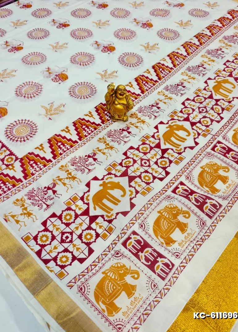 TRENDING KERALA SPECIAL FULL WORK EMBOSSED DIGITAL PRINTING SAREE COLLECTIONS - WHITE N (2)