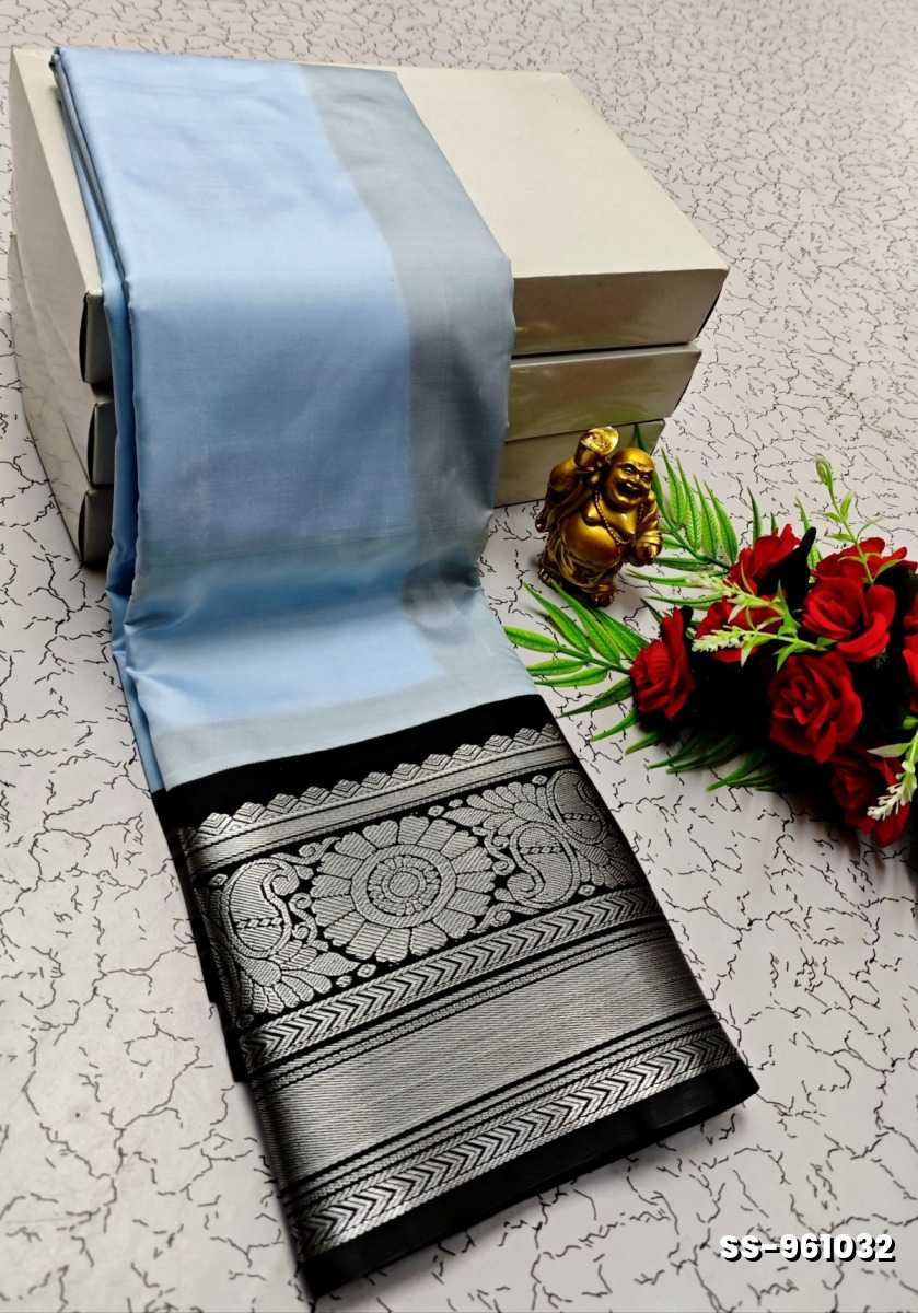 FANCY PLAIN SOFT SILK SAREES SILVAR DESIGN BORDER  - LIGHT SKY BLUE