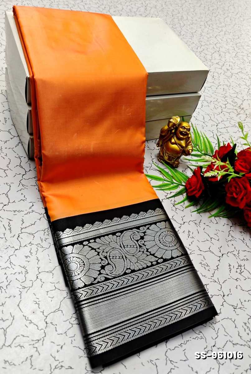 FANCY PLAIN SOFT SILK SAREES SILVAR DESIGN BORDER  - ORANGE