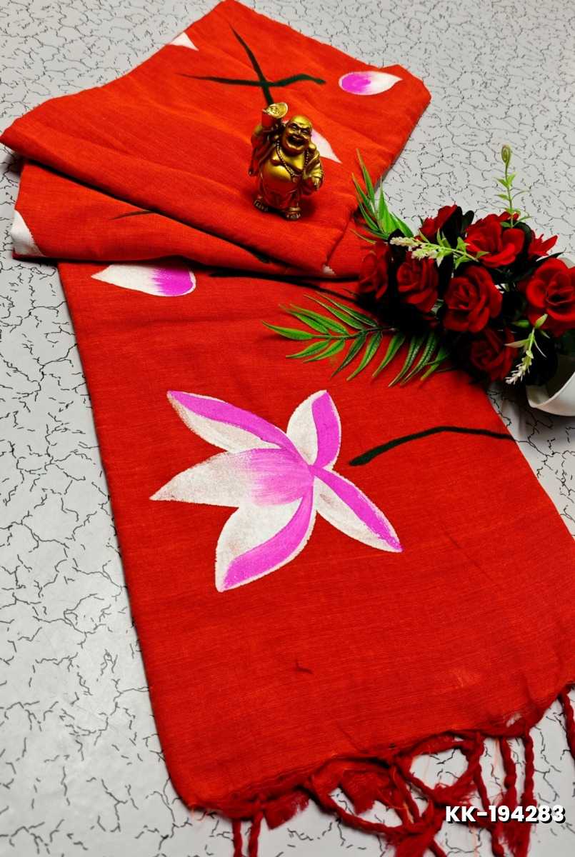 HANDLOOM KHADI COTTON SAREE WITH HAND PAINTED WORK - TOMATO COLOUR