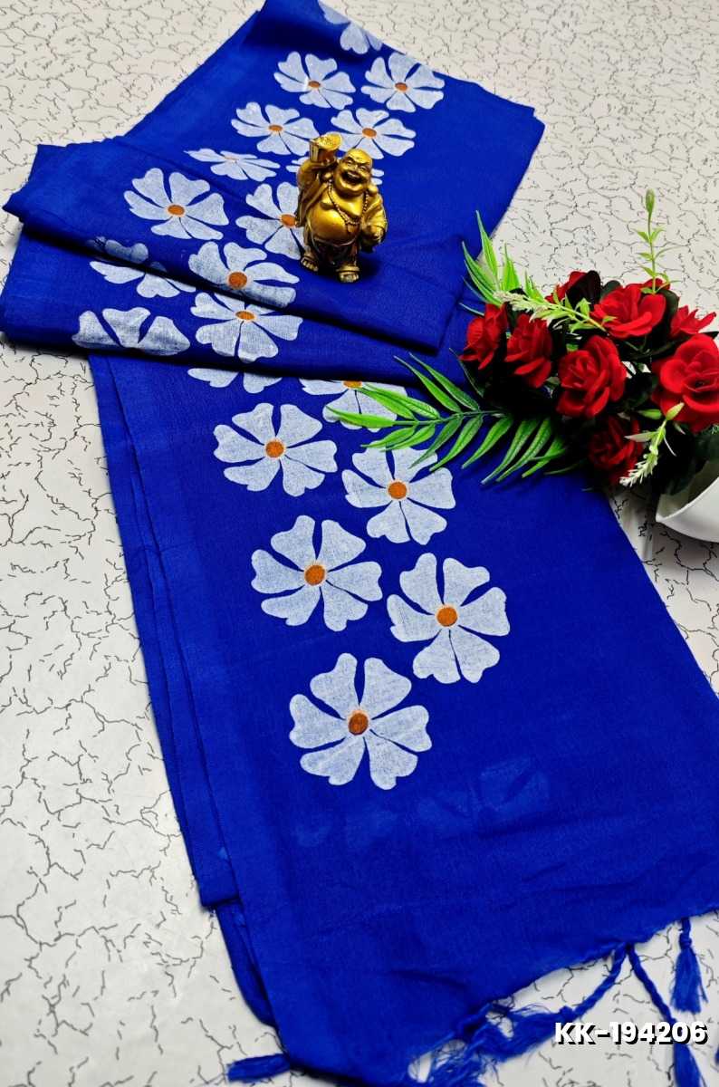 HANDLOOM KHADI COTTON SAREE WITH HAND PAINTED WORK - ROYAL BLUE (1)