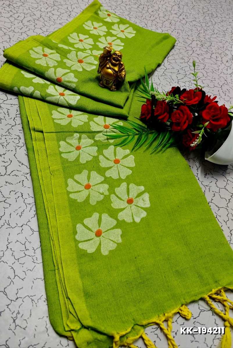 HANDLOOM KHADI COTTON SAREE WITH HAND PAINTED WORK - PARET GREEN