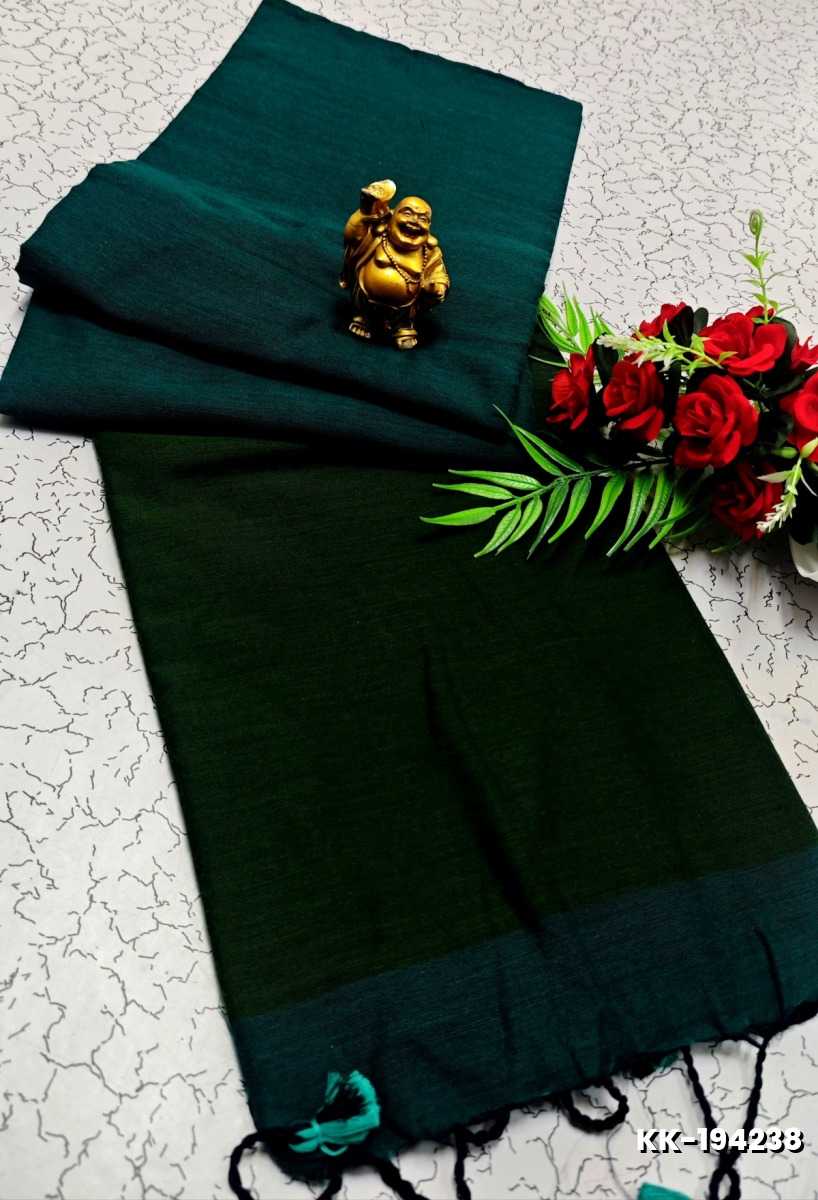 HANDLOOM KHADI COTTON SAREE WITH HAND PAINTED WORK - DARK GREEN