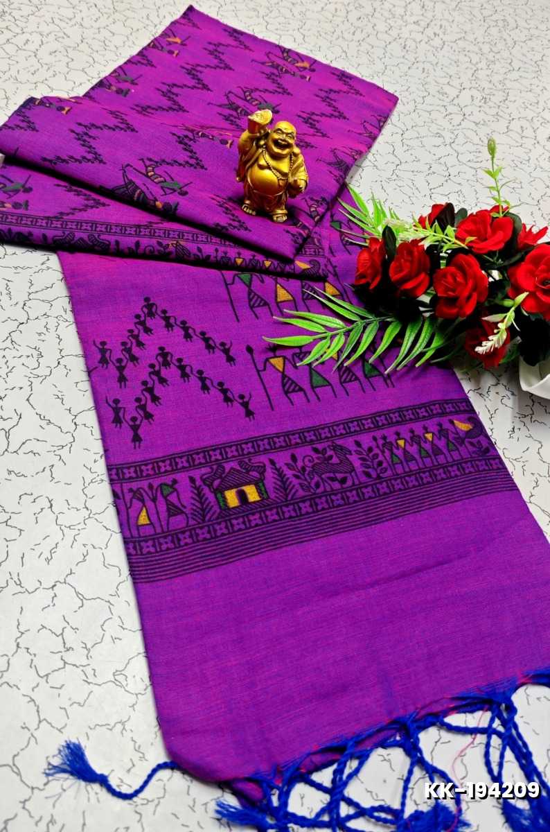 HANDLOOM KHADI COTTON SAREE WITH HAND PAINTED WORK - PURPLE COLOUR (1)