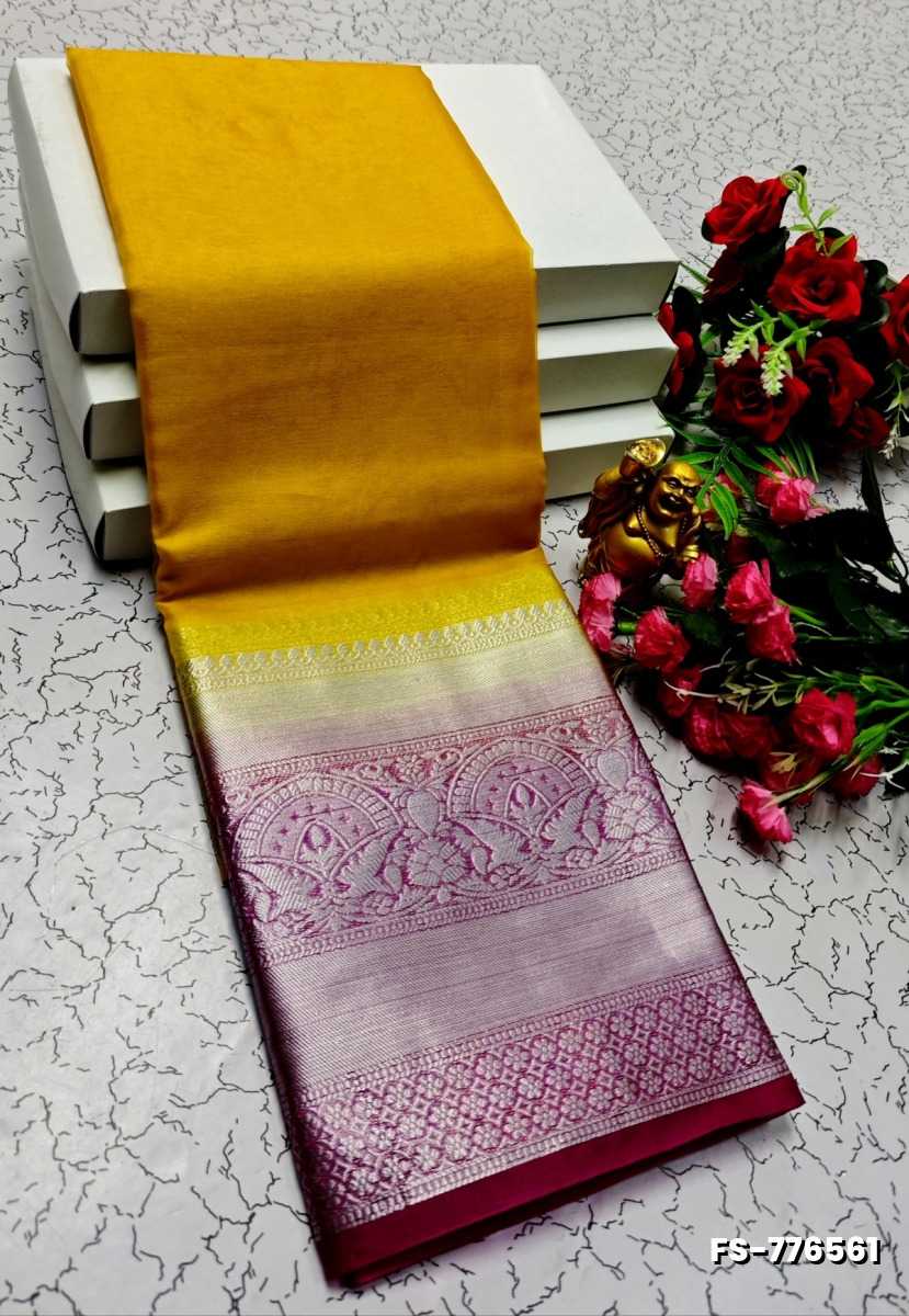 FANCY SILVAR ZARI PLAIN SOFT SILK SAREES - YELLOW COLOR (1)