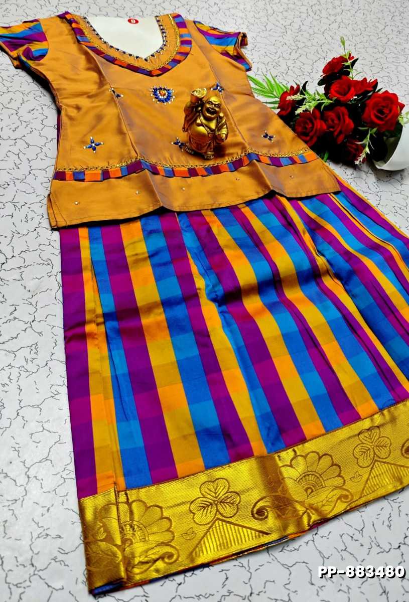 KIDS TRENDY WEAR PATTU PAVADAI SET - TANGERINE COLOUR