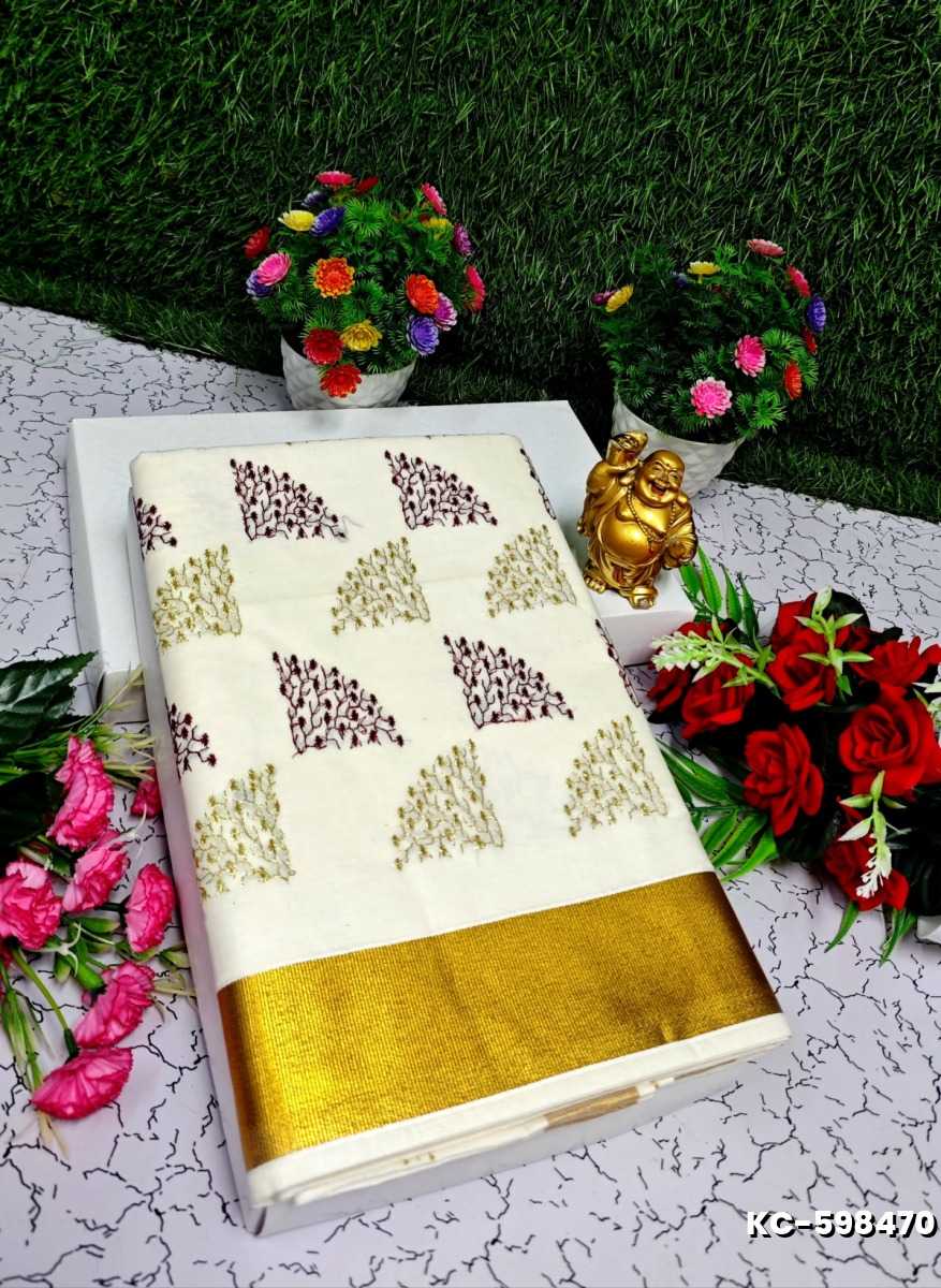 TRENDING KERALA SPECIAL FULL WORK EMBOSSED DIGITAL PRINTING COTTON  SAREE COLLECTIONS - IVORY COLOUR (29)