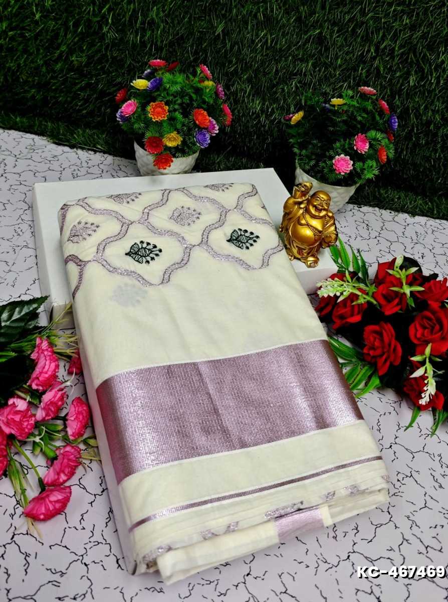 TRENDING KERALA SPECIAL FULL WORK EMBOSSED DIGITAL PRINTING COTTON SAREE COLLECTIONS - BEIGE COLOUR (36)