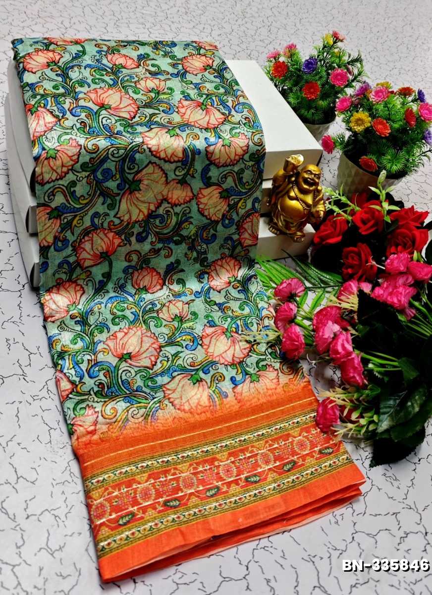 DESIGNER SOFT BANARASI SILK WITH KALAMKARI THEME  EXCLUSIVE MODEL WITH PURE ZARI  BORDER - LIGHT GREEN SHADE
