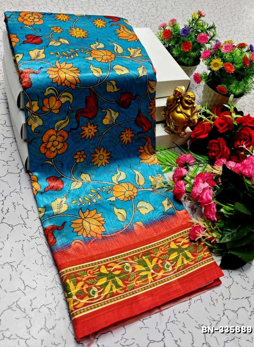 DESIGNER SOFT BANARASI SILK WITH KALAMKARI THEME  EXCLUSIVE MODEL WITH PURE ZARI  BORDER - BLUE COLOUR