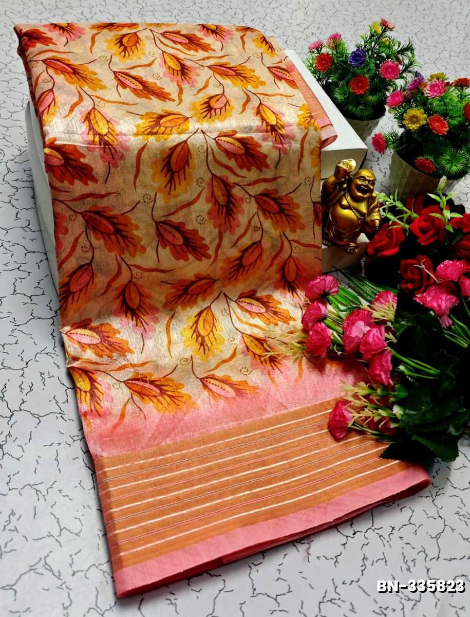 DESIGNER SOFT BANARASI SILK WITH KALAMKARI THEME  EXCLUSIVE MODEL WITH PURE ZARI  BORDER - LIGHT SANDLE