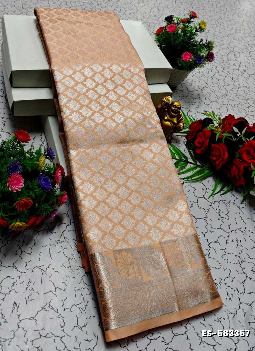 BRIDAL SILK GOLD SILVAR AND COPPER ZARI WEAVE AND WEDDING ART SILK SAREES - LIGHT ORANGE