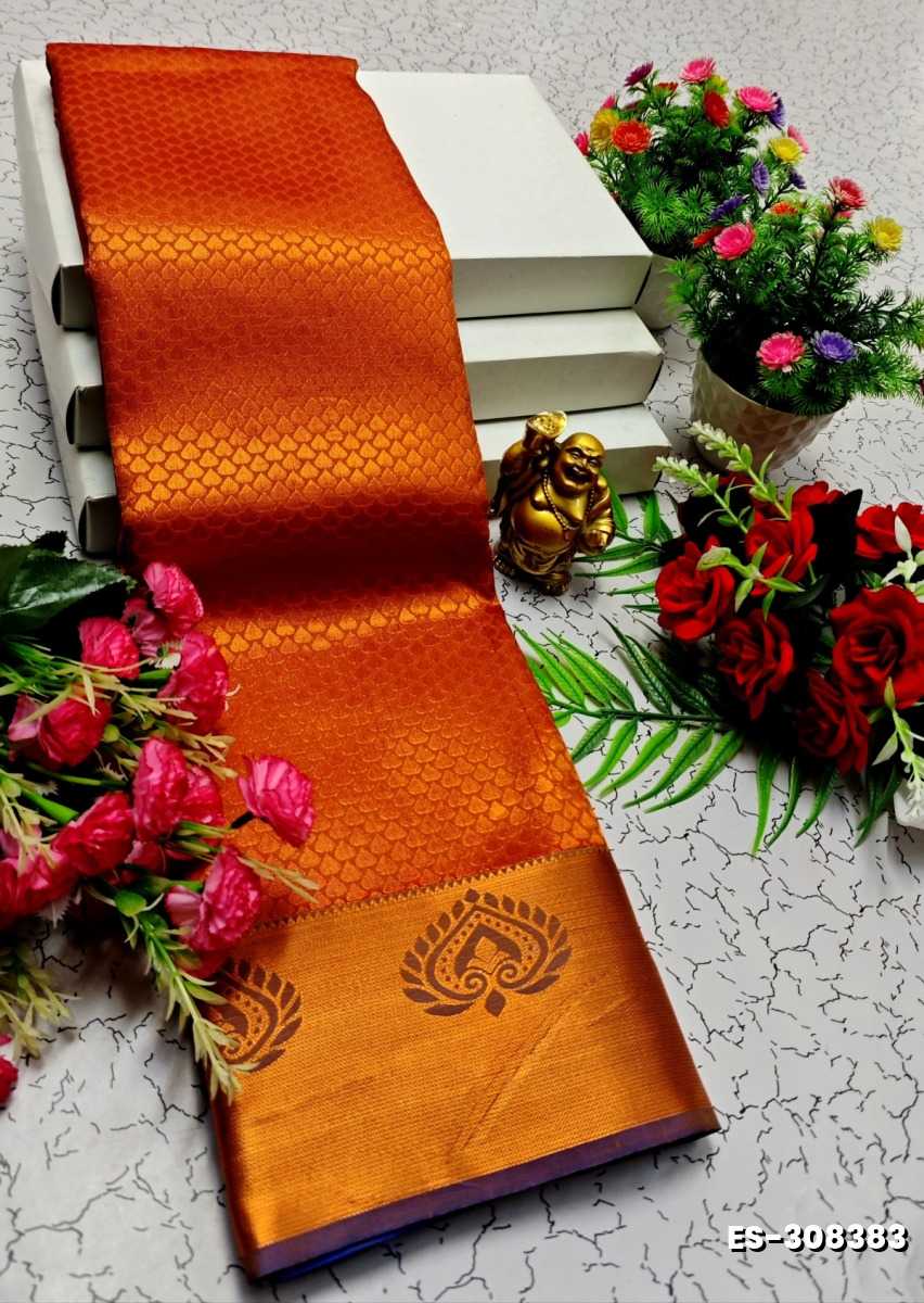 BRIDAL SILK GOLD SILVAR AND COPPER ZARI WEAVE AND WEDDING ART SILK SAREES - TOMATO COLOUR