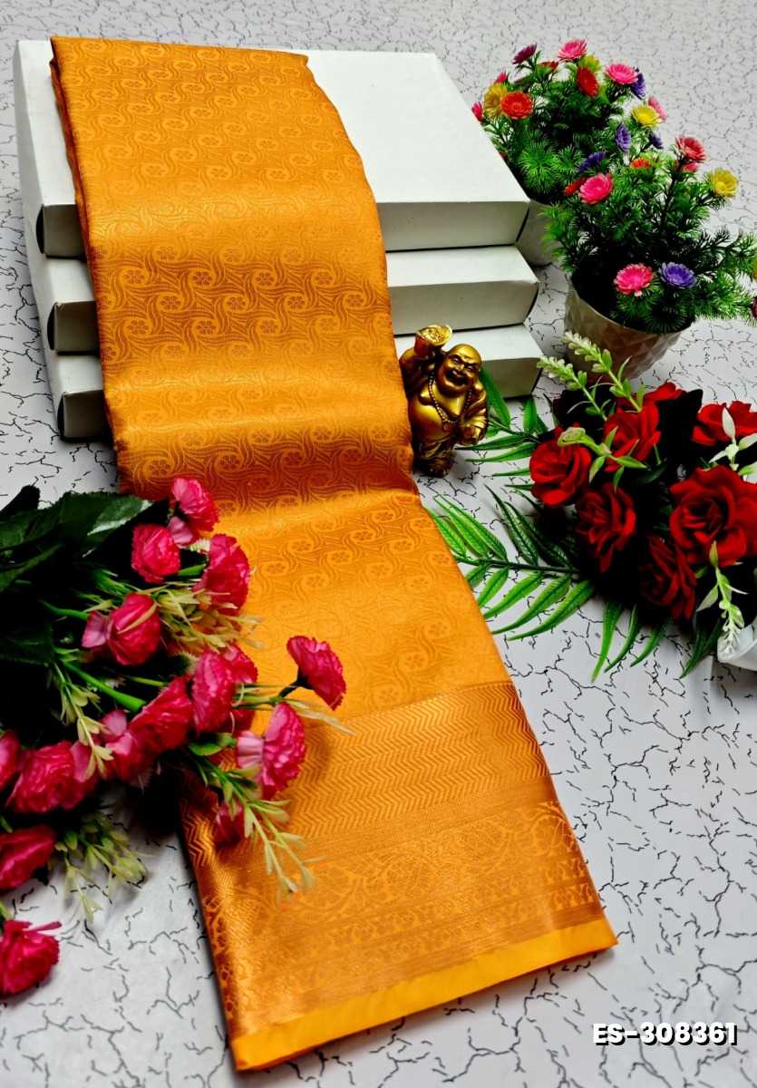 BRIDAL SILK GOLD SILVAR AND COPPER ZARI WEAVE AND WEDDING ART SILK SAREES - YELLOW COLOR