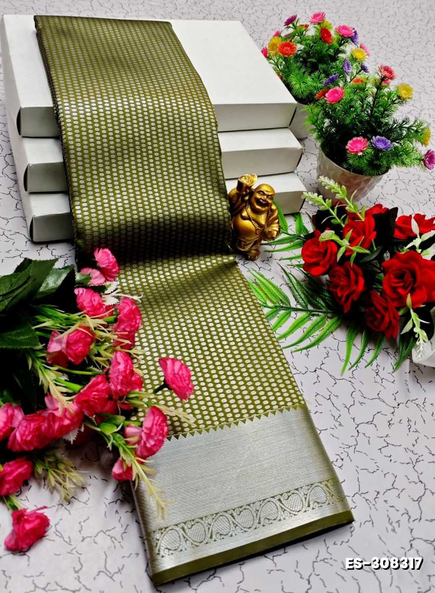 BRIDAL SILK GOLD SILVAR AND COPPER ZARI WEAVE AND WEDDING ART SILK SAREES - OLIVE GREEN (1)