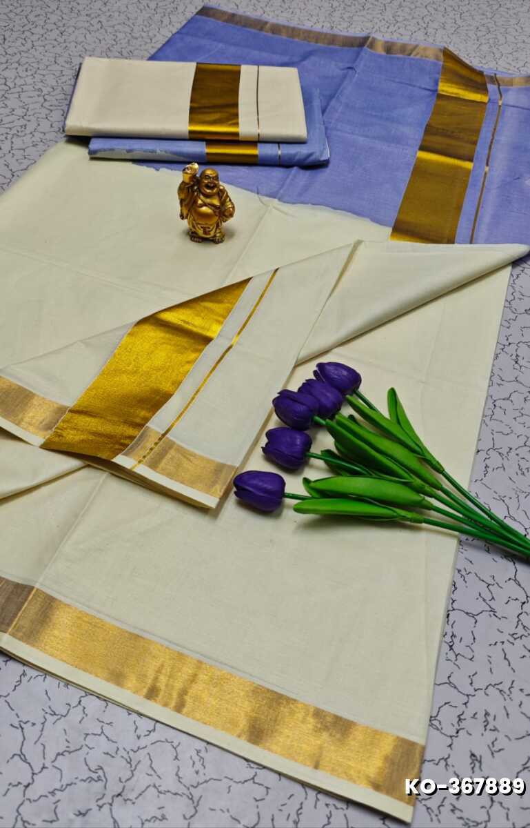 KERALA SAREE OFF & OFF MODEL NEW TRENDING COTTON SAREE - BLUE COLOUR