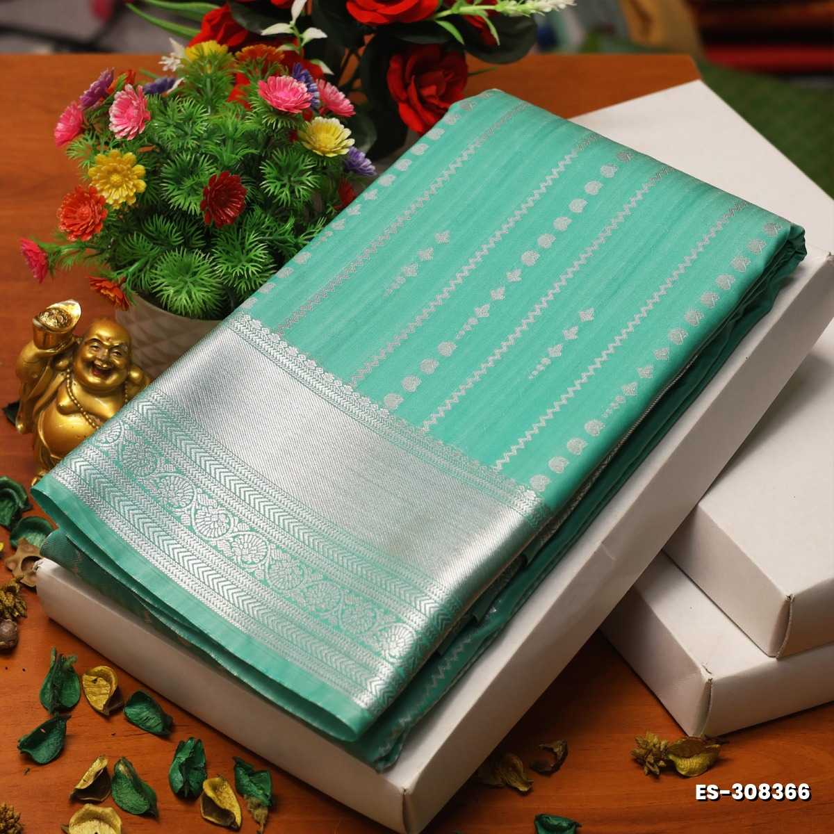 BRIDAL SILK GOLD SILVAR AND COPPER ZARI WEAVE AND WEDDING ART SILK SAREES - TUQUOISE