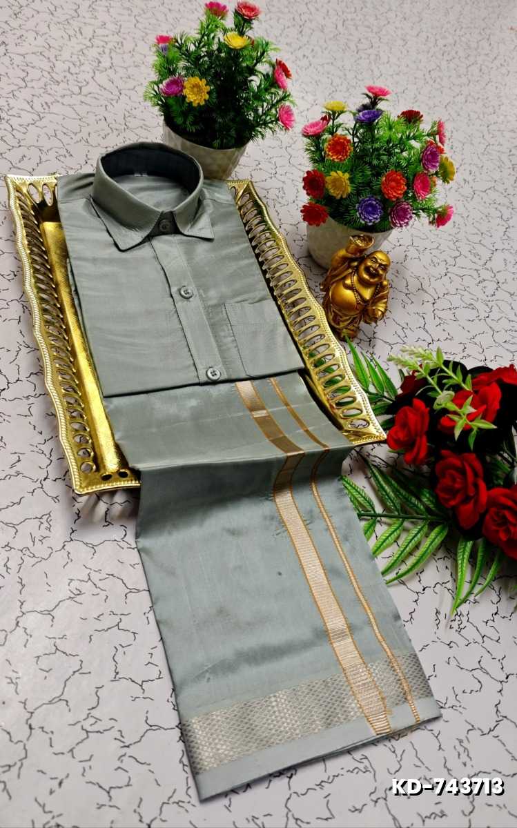 KIDS SHIRTS & DHOTIS COMBO FOR MENS ADJUSTABLE DHOTIS WITH COLOUR MATCHING BORDER BEST CHOICE FOR BOYS - SILVAR