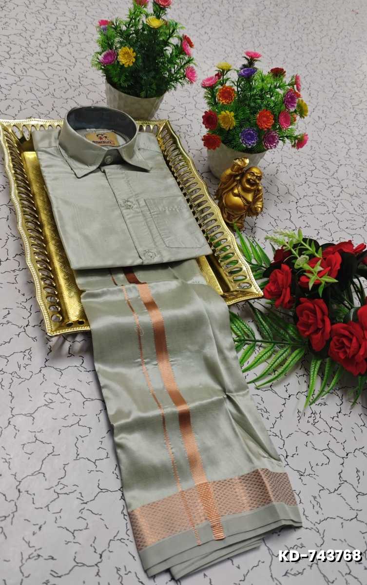 KIDS SHIRTS & DHOTIS COMBO FOR MENS ADJUSTABLE DHOTIS WITH COLOUR MATCHING BORDER BEST CHOICE FOR BOYS - SILVAR COLOUR