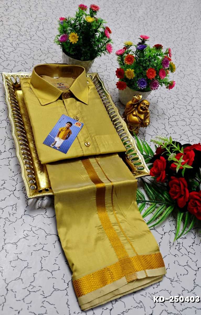 KIDS SHIRTS & DHOTIS COMBO FOR MENS ADJUSTABLE DHOTIS WITH COLOUR MATCHING BORDER BEST CHOICE FOR BOYS - GOLD (1)