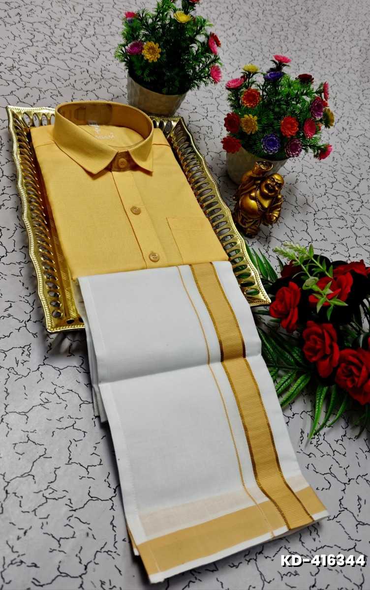 KIDS SHIRTS & DHOTIS COMBO FOR MENS ADJUSTABLE DHOTIS WITH COLOUR MATCHING BORDER BEST CHOICE FOR BOYS - LIGHT YELLOW