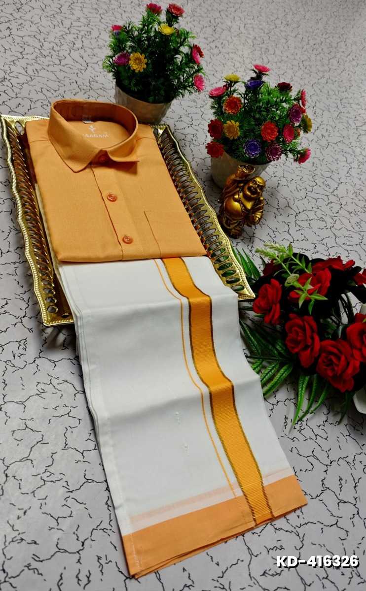 KIDS SHIRTS & DHOTIS COMBO FOR MENS ADJUSTABLE DHOTIS WITH COLOUR MATCHING BORDER BEST CHOICE FOR BOYS - ORANGE N