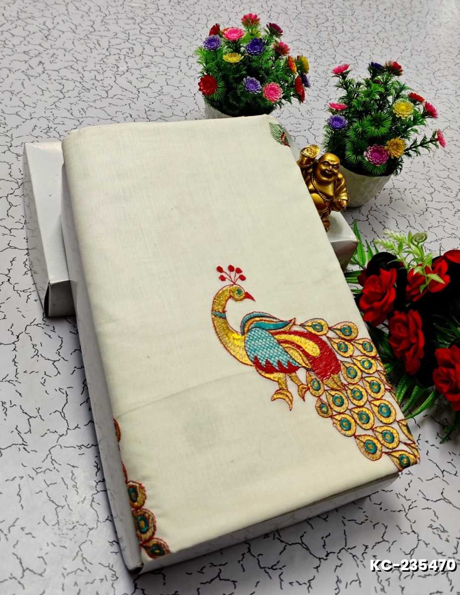 TRENDING KERALA SPECIAL FULL WORK EMBOSSED DIGITAL PRINTING COTTON SAREE COLLECTIONS - IVORY COLOUR (55)