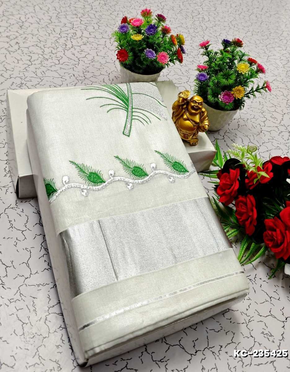 TRENDING KERALA SPECIAL FULL WORK EMBOSSED DIGITAL PRINTING TISSUE SAREE COLLECTIONS - WHITE (72)