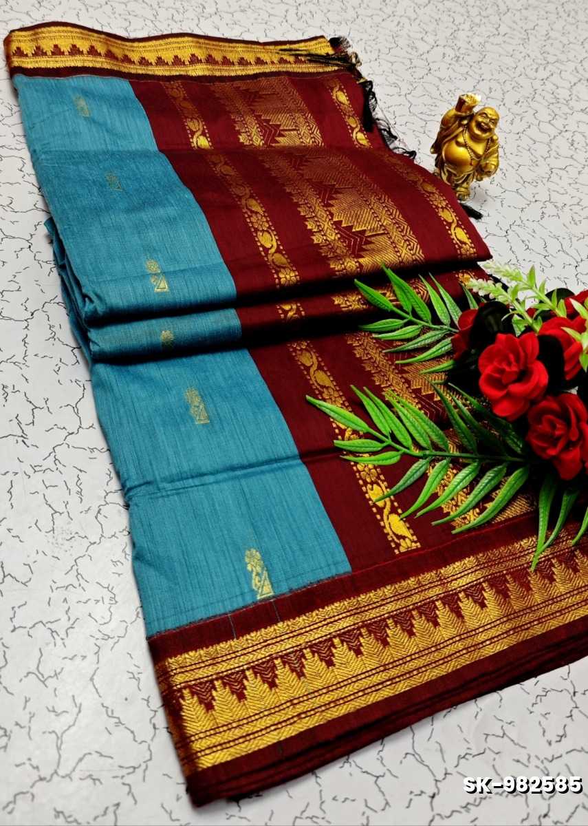 TRENDING DIGITAL EMBROIDERY ZARI WORK  KALIYANI COTTON SAREES FESTIVAL WEAR - BLUE SHADE (1)