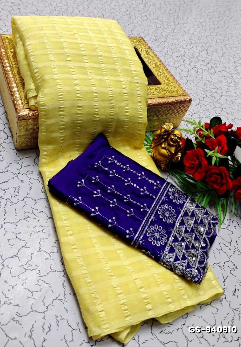 GEORGETTE FANCY SOFT SILK SAREES WITH BLOUSE MODERN FANCY ITEM SAREES - YELLOW (1)