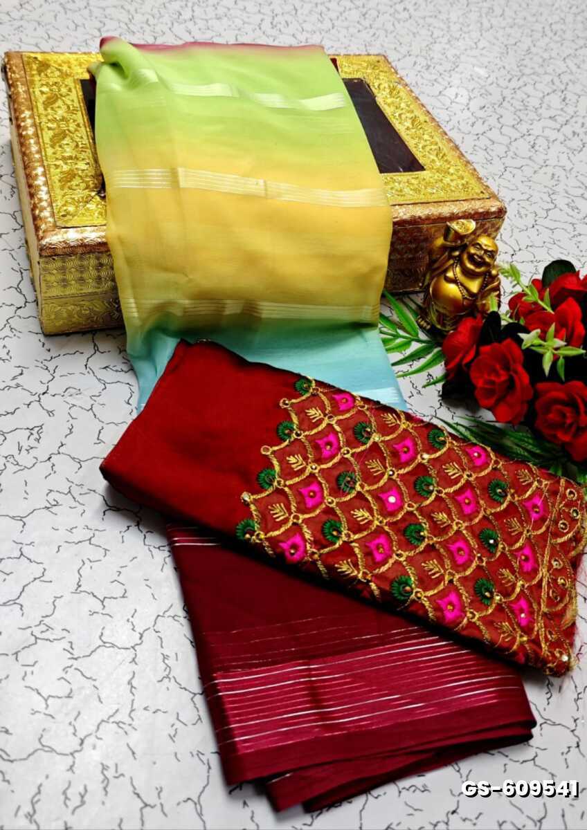 GEORGETTE FANCY SOFT SILK SAREES WITH BLOUSE MODERN FANCY ITEM SAREES - LIGHT GREEN (2)