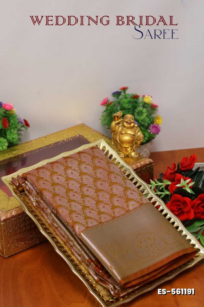 BRIDAL SILK GOLD SILVAR AND COPPER ZARI WEAVE AND WEDDING ART SILK SAREES - LIGHT OLIVE (1)