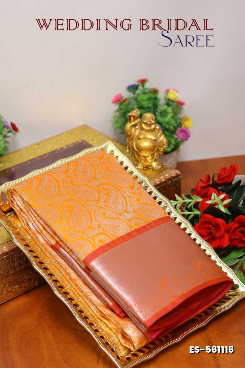 BRIDAL SILK GOLD SILVAR AND COPPER ZARI WEAVE AND WEDDING ART SILK SAREES - ORANGE (5)
