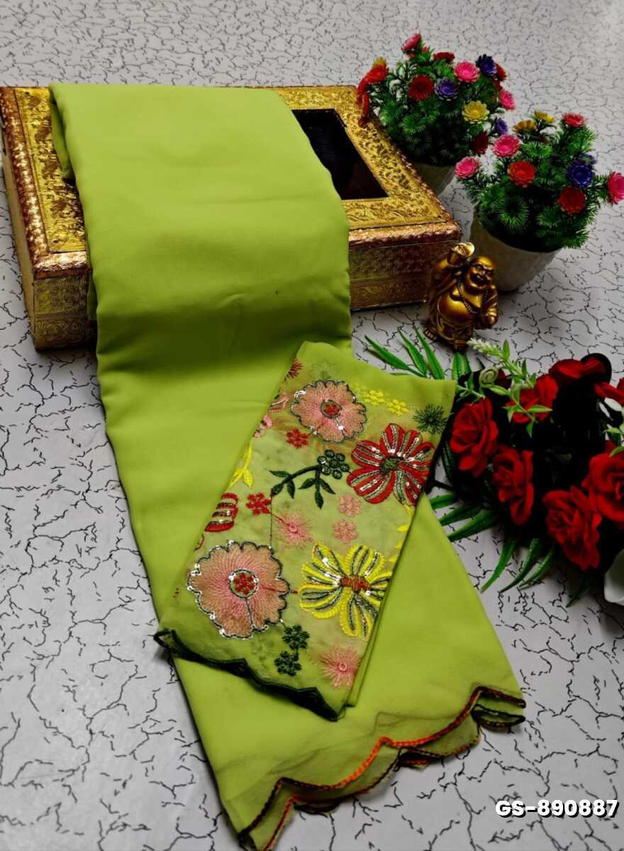 GEORGETTE FANCY SOFT SILK SAREES WITH BLOUSE MODERN FANCY ITEM SAREES - FLORAISON GREEN (2)
