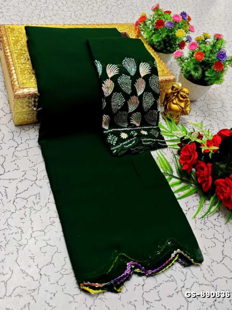 GEORGETTE FANCY SOFT SILK SAREES WITH BLOUSE MODERN FANCY ITEM SAREES - BOTTLE GREEN (1)