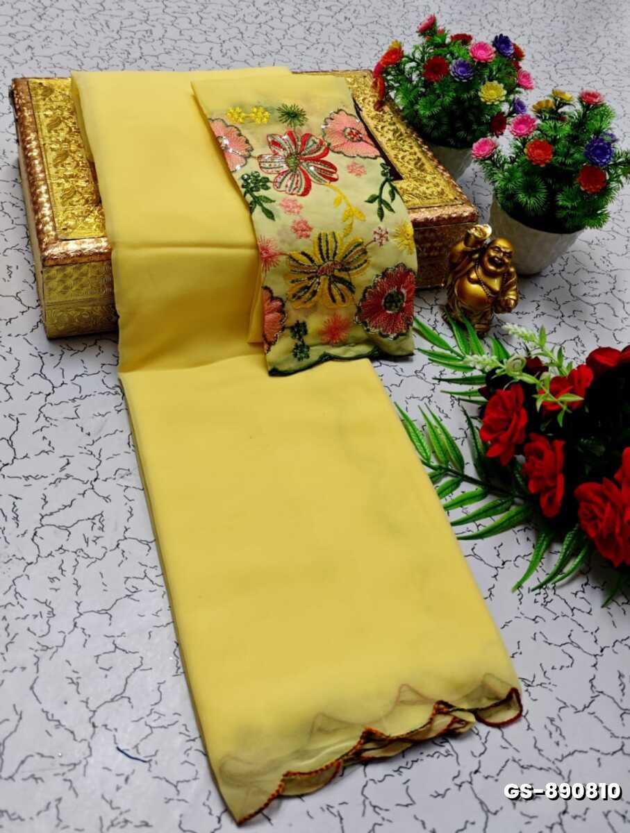 GEORGETTE FANCY SOFT SILK SAREES WITH BLOUSE MODERN FANCY ITEM SAREES - YELLOW (2)