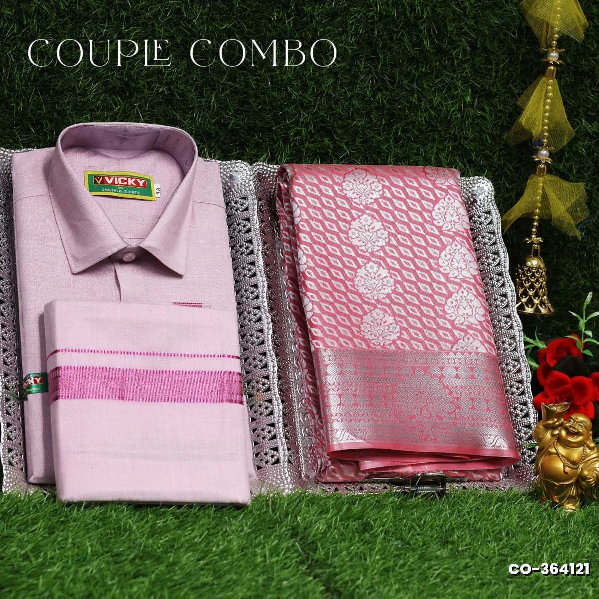 Elegant Tissue Dhoti Shirt & Saree Couple Combo coordinated look for special occasions - BABY PINK (10)