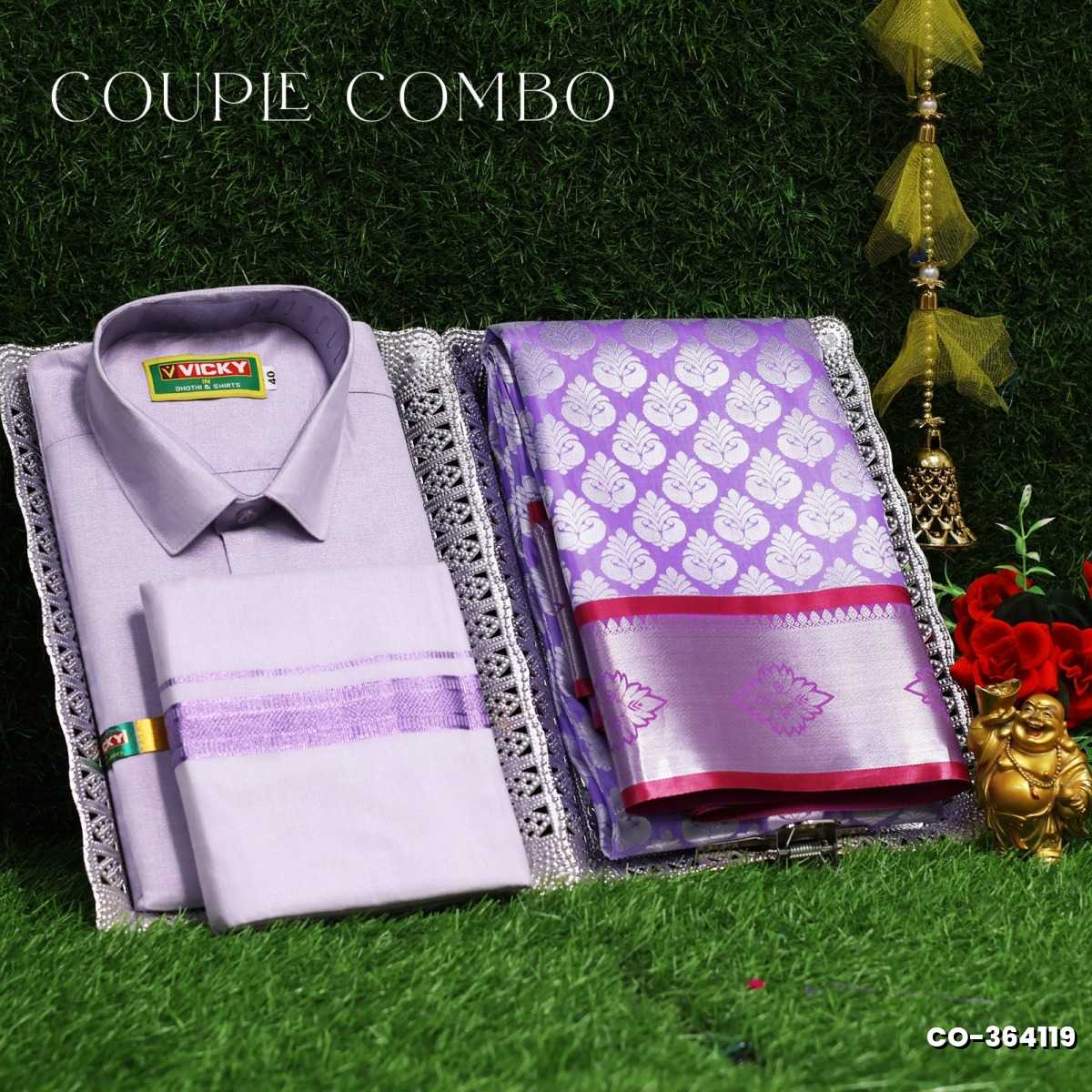 Elegant Tissue Dhoti Shirt & Saree Couple Combo coordinated look for special occasions - LEVENDOR (10)