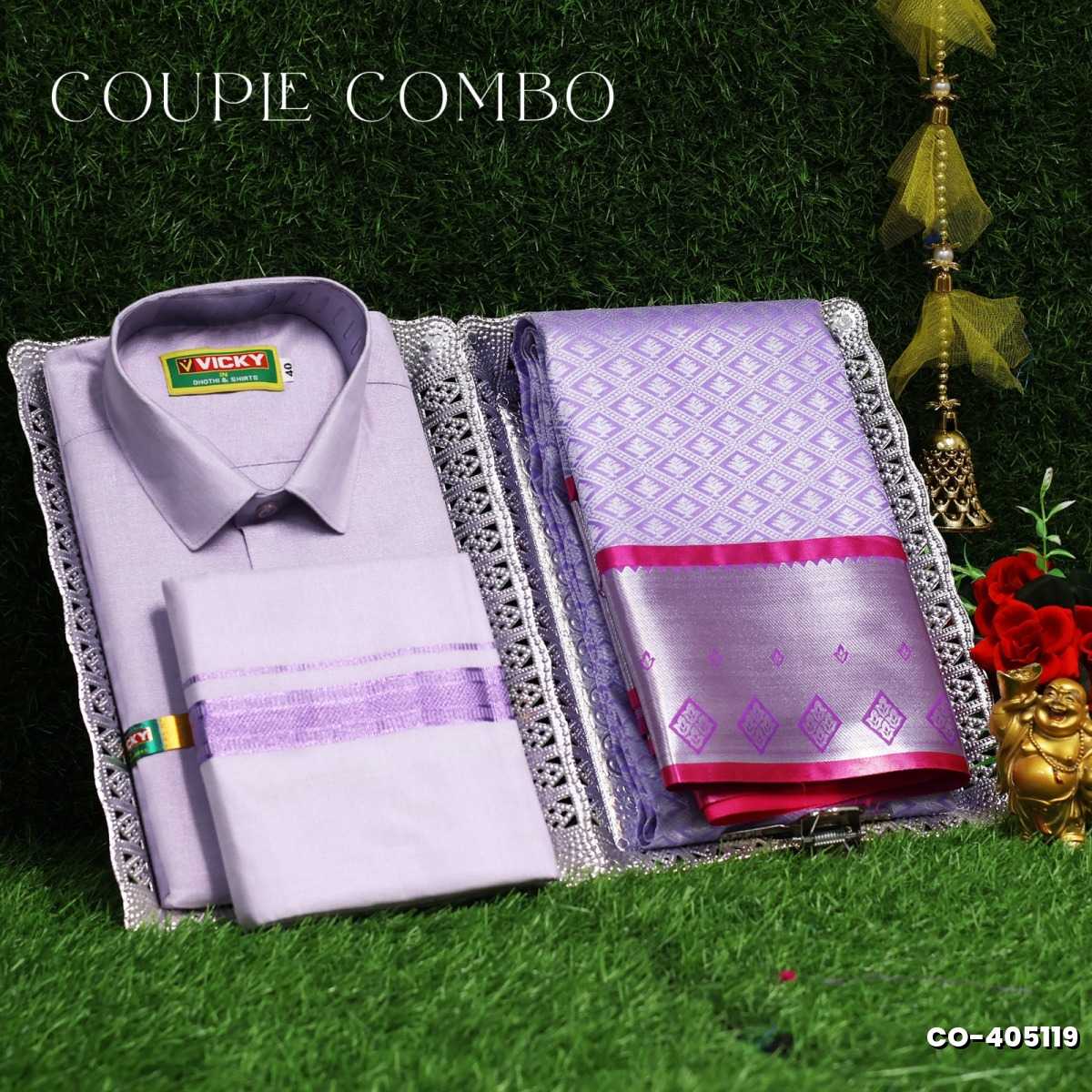 Elegant Tissue Dhoti Shirt & Saree Couple Combo coordinated look for special occasions - LEVENDOR (12)