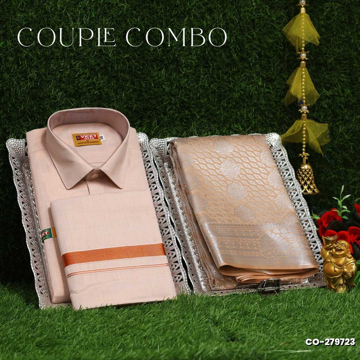 Elegant Tissue Dhoti Shirt & Saree Couple Combo coordinated look for special occasions - LIGHT SANDLE (9)