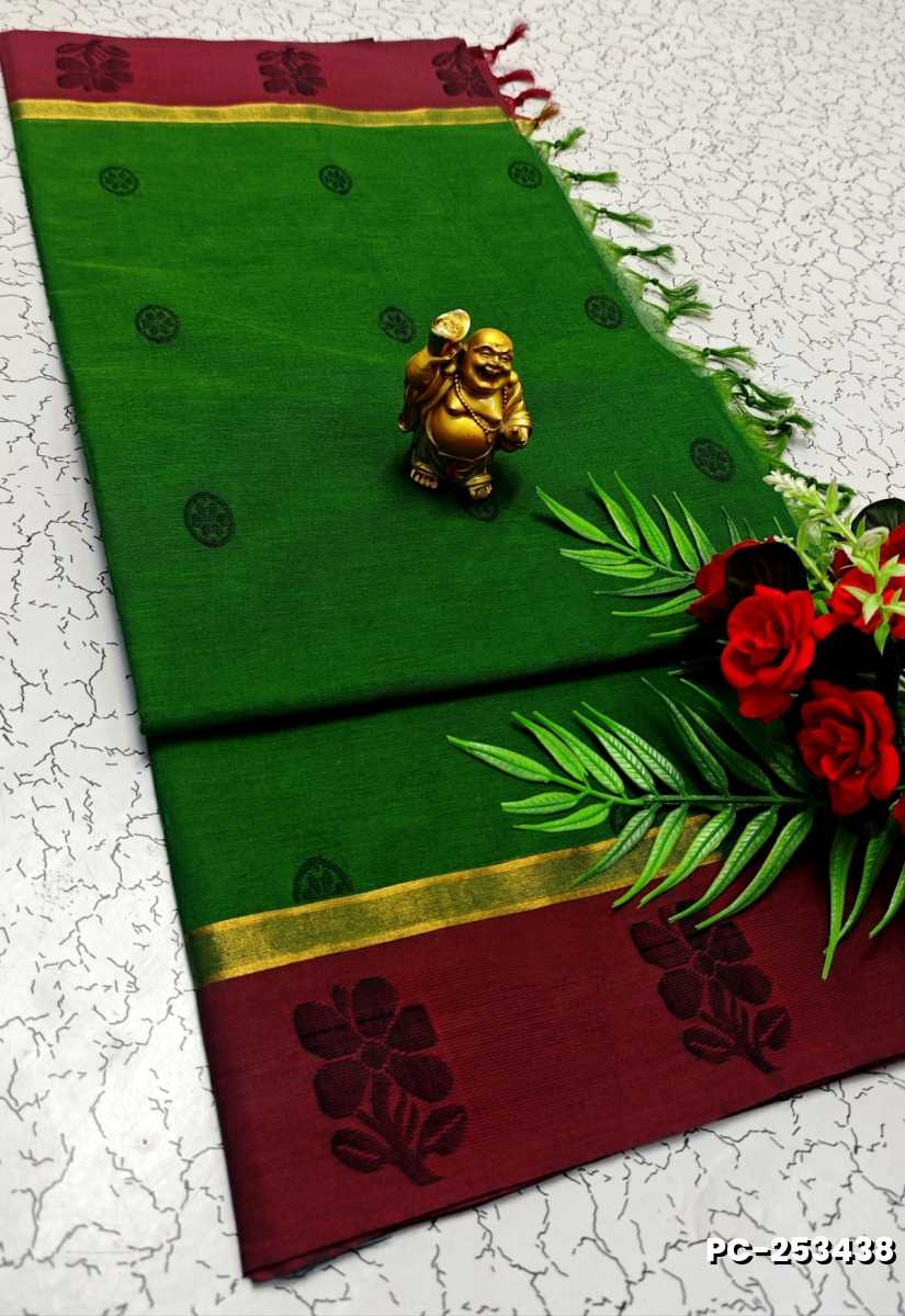 PURE COTTON HAND WORK BUTTAS SAREES –  OFFICE WEAR AND SUMMER SPECIAL COLLECTION - DARK GREEN