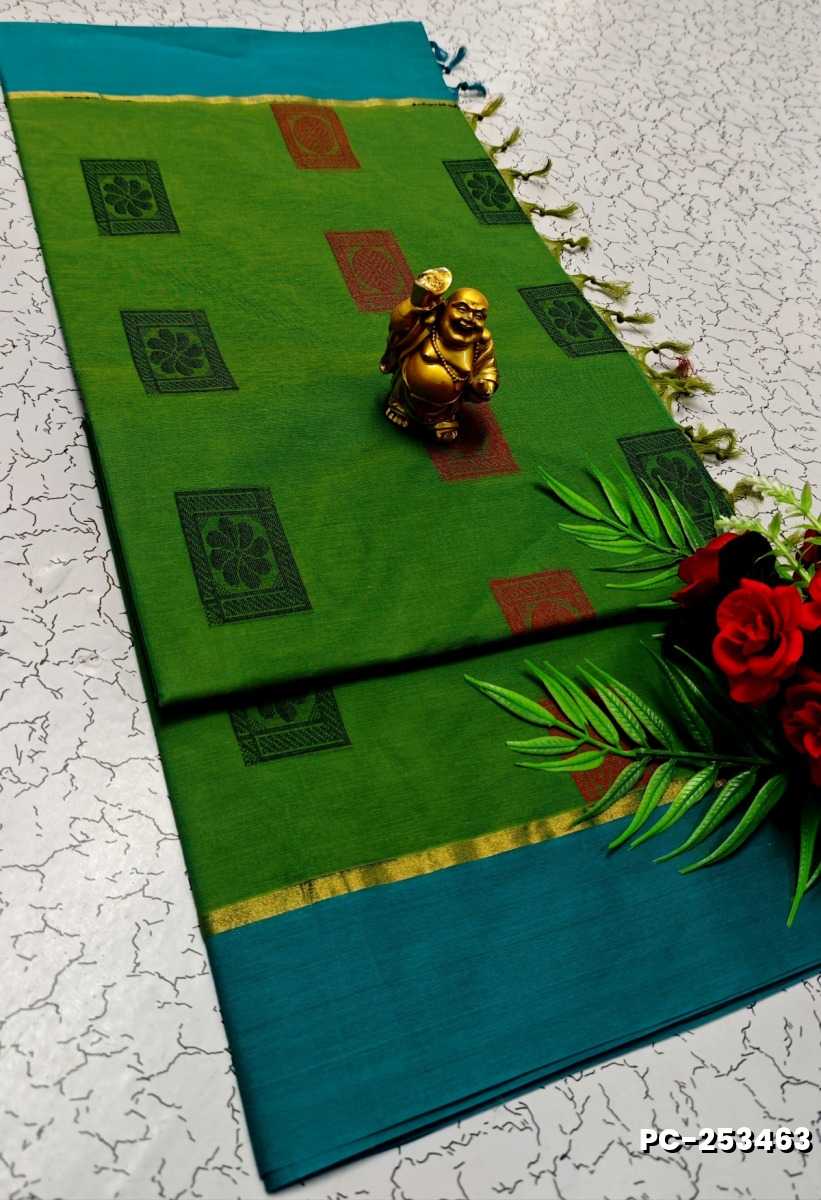 PURE COTTON HAND WORK BUTTAS SAREES –  OFFICE WEAR AND SUMMER SPECIAL COLLECTION - GREEN COLOUR